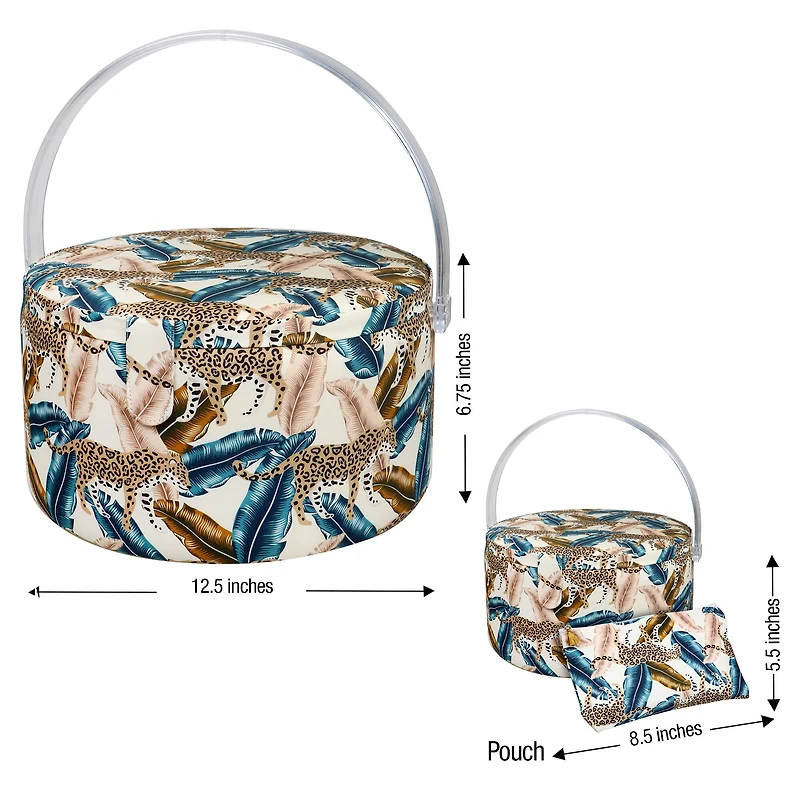 SINGER® Large Jungle Print Premium Round Sewing Basket with Travel Sewing Kit