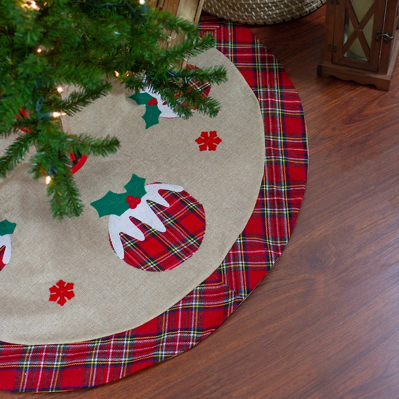 48" Christmas Puddings Burlap Plaid Tree Skirt