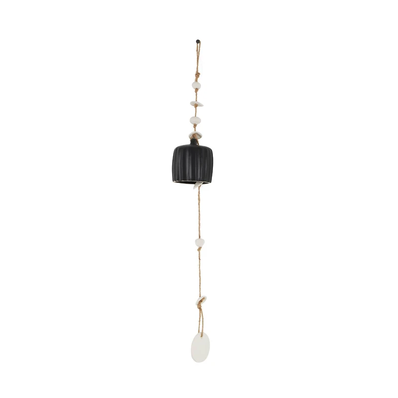 2ft. Black Ceramic Handmade Textured Bell Windchime with Cascading White Disks