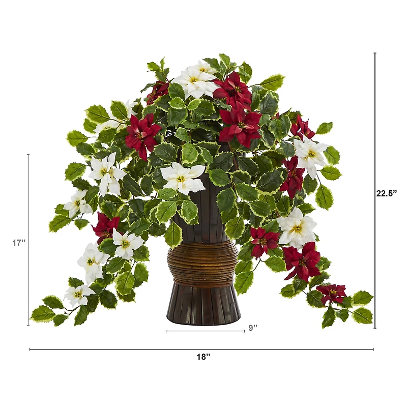22.5” Poinsettia & Holly Artificial Plant in Decorative Planter