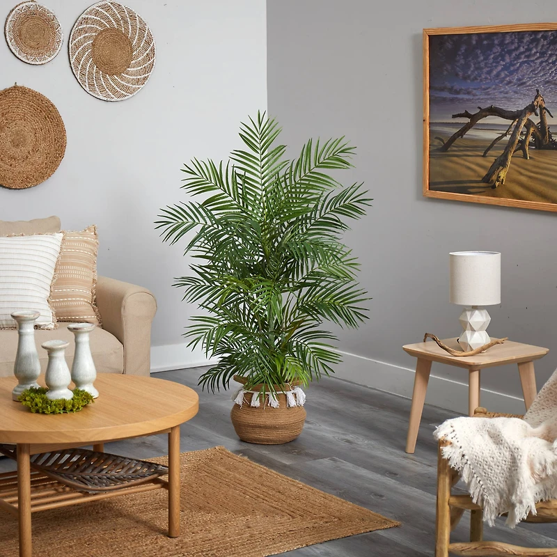 4ft. Areca Artificial Palm in Boho Chic Handmade Natural Cotton Woven Planter with Tassels