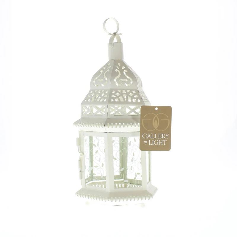 12" White Moroccan Style Hanging Candle Lantern with Etched Floral Glass