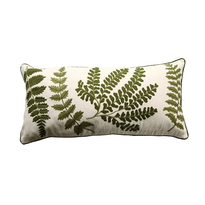 Hello Honey® Embroidered Green Ferns on White Cotton Lumbar Pillow