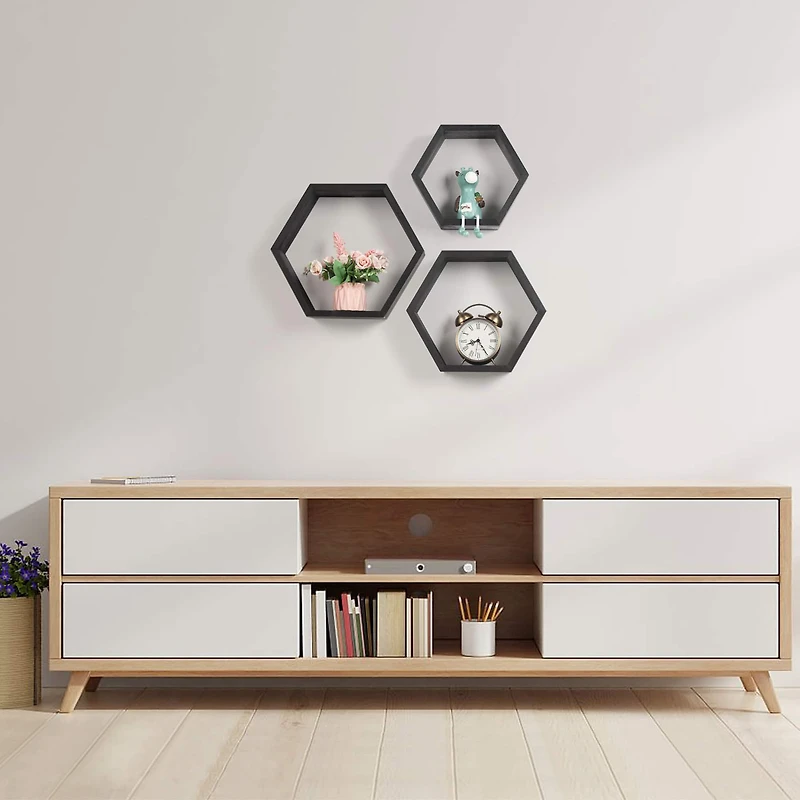 NEX™ Black Wall-Mounted Hexagon Floating Shelves Set
