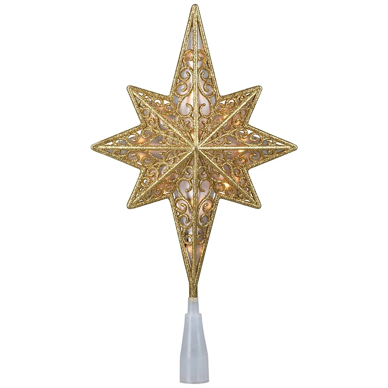 Lighted Frosted Clear and Gold Scroll Star of Bethlehem Christmas Tree Topper - 11" - Clear Lights