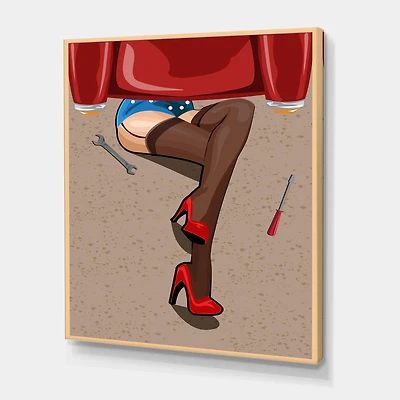 Designart - Retro Sexy Woman Repairing The Car