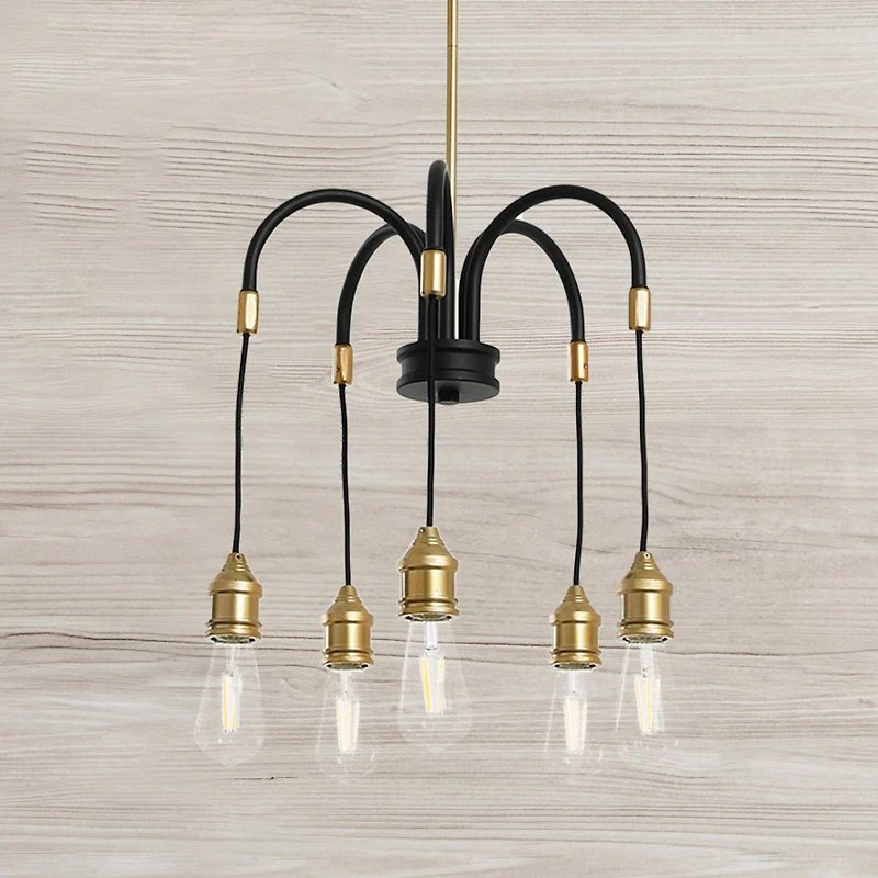 Hello Honey® Robert Stevenson Lighting Harper 19" Black and Brass 5-Light Exposed Bulb 2-Tone Metal Chandelier