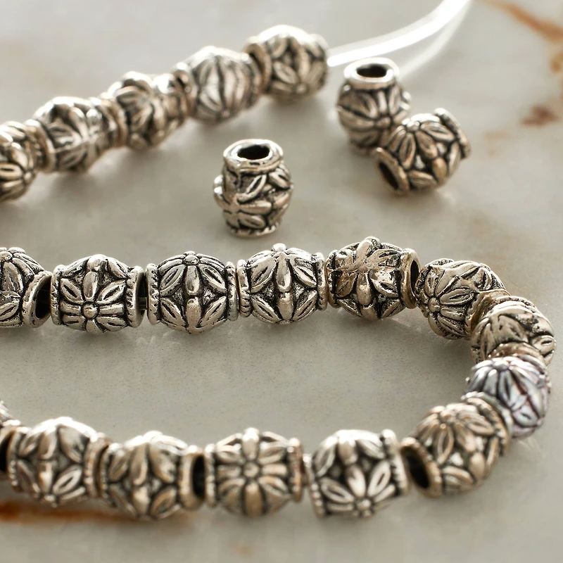 Antique Silver Carved Flower Tube Beads, 7mm by Bead Landing™