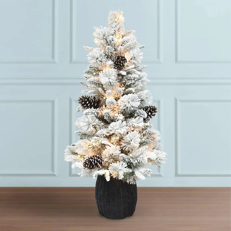 4.5ft. Pre-Lit Flocked Potted Pine Artificial Christmas Tree