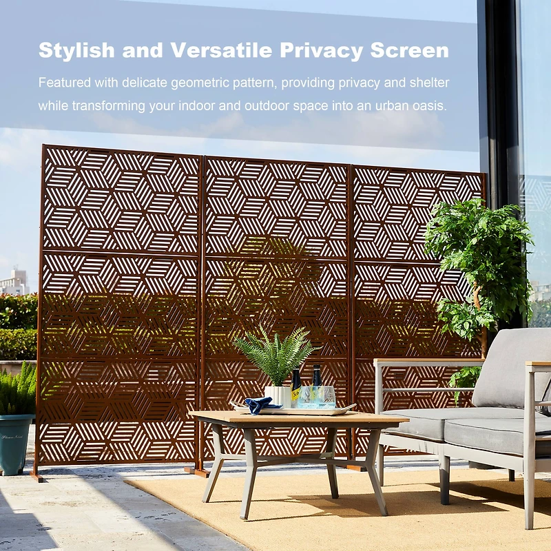 Glitzhome® 6ft. Brown Galvanized Steel Geometric Pattern Privacy Screen Fence Panel & Room Divider