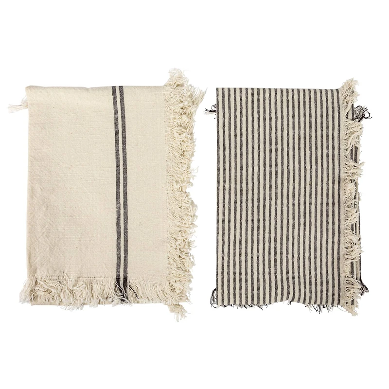 Hello Honey® Natural & Black Stripes Woven Cotton Tea Towels with Fringe Set