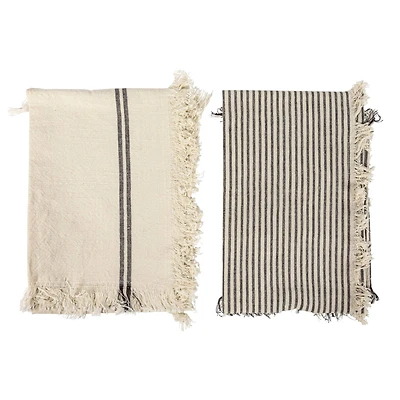 Hello Honey® Natural & Black Stripes Woven Cotton Tea Towels with Fringe Set