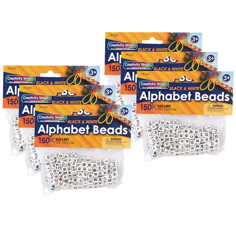 Creativity Street® 6mm Black & White Alphabet Beads, 6 Packs of 150