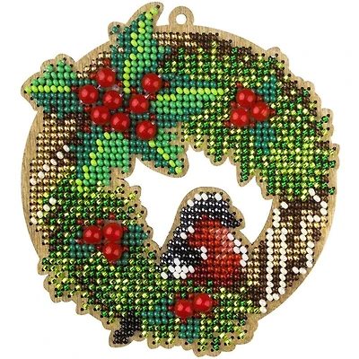 Wonderland Crafts Holly Wreath Ornament Bead Embroidery on Wood Kit