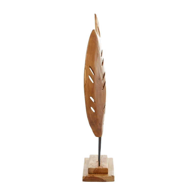 Brown Teak Wood Natural Leaves Sculpture, 23" x 12" x 5"