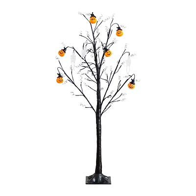 4ft. Pre-Lit Artificial Halloween Pumpkins and Skulls Ornament Tree with 64 Warm White LED Lights