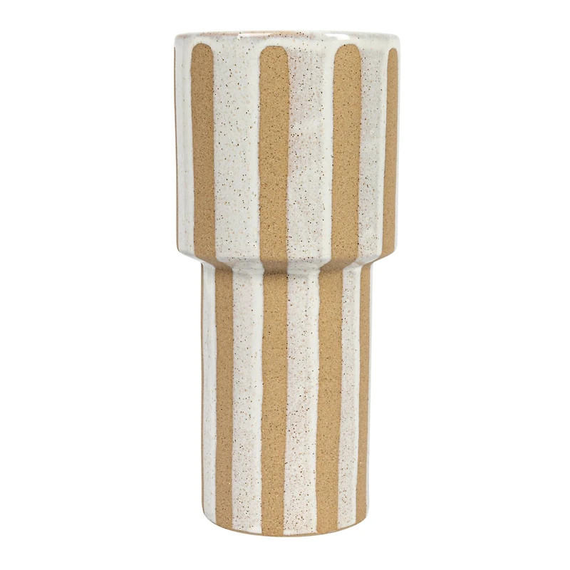 Hello Honey® 11" Cream & Brown Wax Relief Striped Round Stoneware Vase