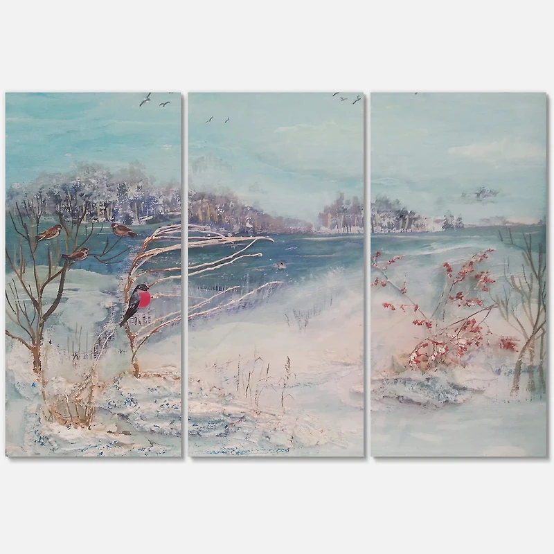 Designart - Winter Trees River and Birds