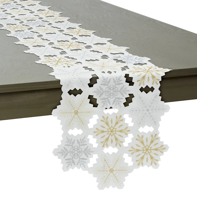 DII® 54" White and Gold Embroidered Snowflakes Table Runner