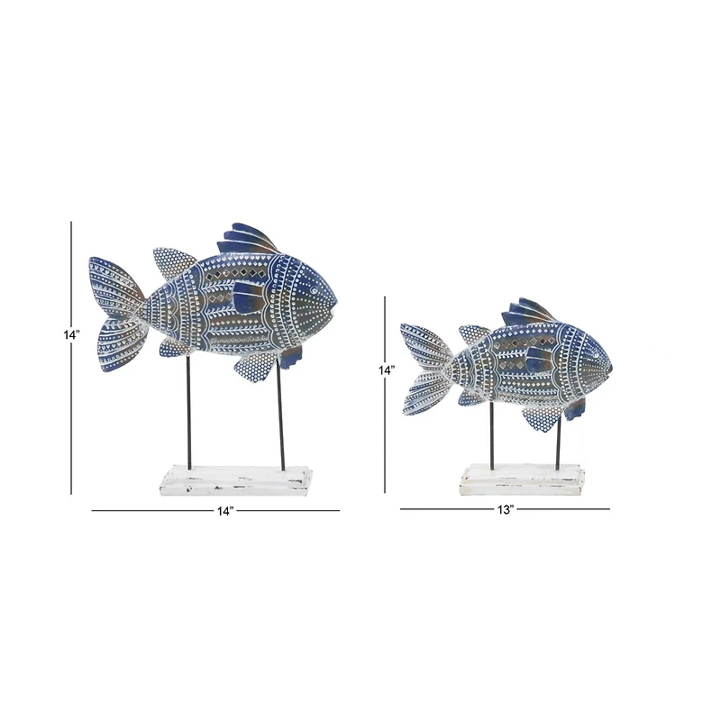Blue Metal Coastal Fish Sculpture Set