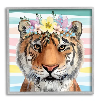 Stupell Industries Jungle Tiger Chic Purple Yellow Floral Crown Stripes Framed Wall Art