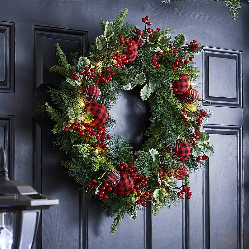 Glitzhome® 24" Pre-Lit Ornament, Berry, Holly & Pine Wreath