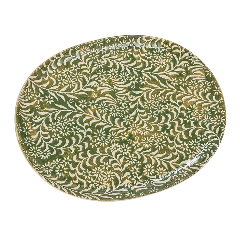 Hello Honey® 16.25" Green Wax Relief Botanicals Stoneware Platter