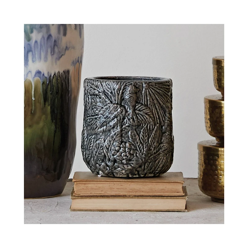 Hello Honey® 7" Gray Embossed Pattern Decorative Terra Cotta Planter