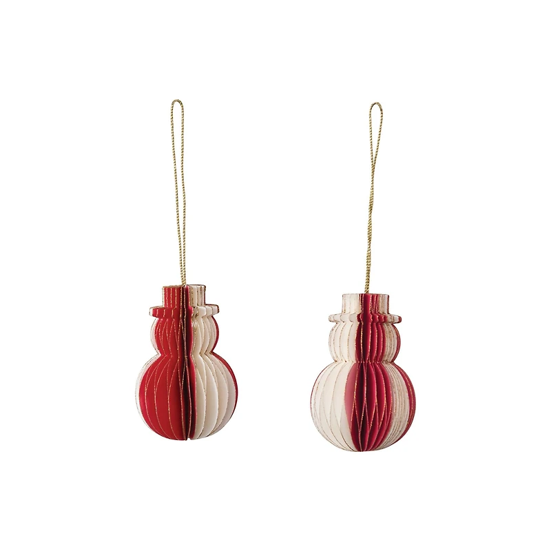 Hello Honey® 2 Pack 3.5" Red & Cream Paper Folding Honeycomb Snowman Ornaments with Gold Glitter Edge