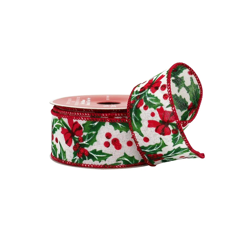 1.5" x 30ft. Holly & Bows Wired Ribbon by Celebrate It®