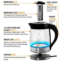 MegaChef 1.8L Cordless Glass & Stainless Steel Electric Tea Kettle with Tea Infuser