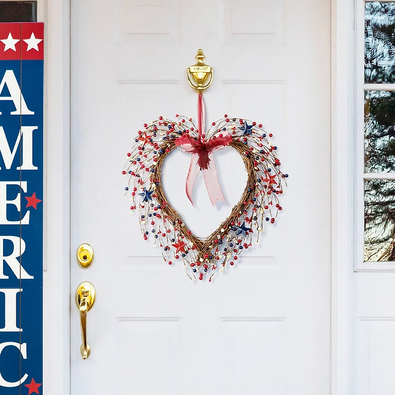 Glitzhome® 17" Patriotic American Berry Heart Wreath