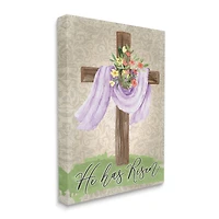 Stupell Industries He Has Risen Spring Floral Cross Brown Damask Pattern Canvas Wall Art