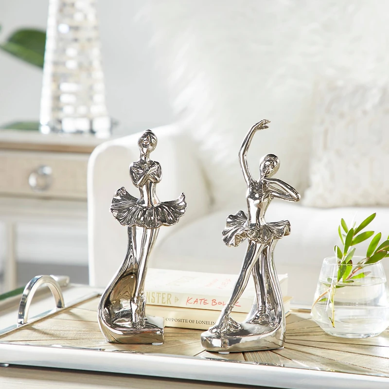 The Novogratz Set of 2 Silver Porcelain Glam Dancer Sculpture, 4" x 11"
