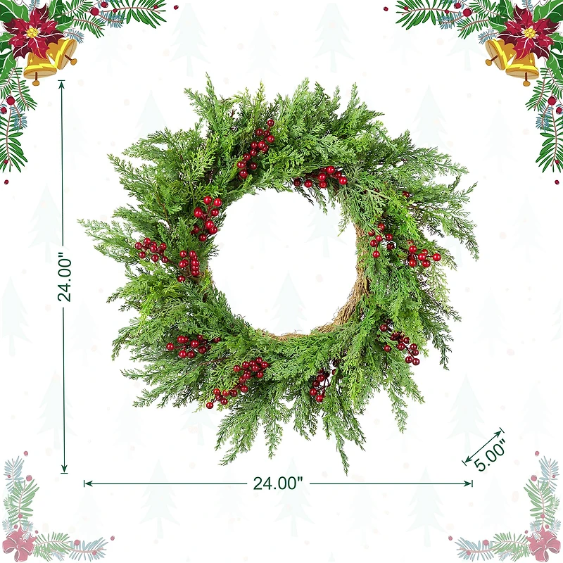 Glitzhome® 24"D Christmas Greenery PE Cedar Wreath with Red Berries