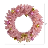 24" LED Pink Artificial Christmas Wreath with Ornaments