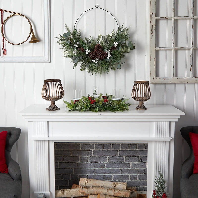 20" Winter Greenery & Berries Triple Candle Holder Christmas Table Arrangement