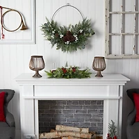 20" Winter Greenery & Berries Triple Candle Holder Christmas Table Arrangement