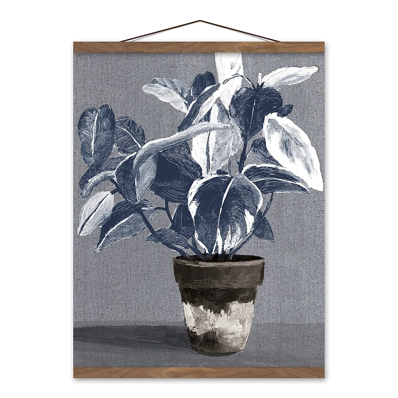 Blue White Plant 16" x 20" Teak Hanging Canvas