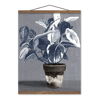 Blue White Plant 16" x 20" Teak Hanging Canvas