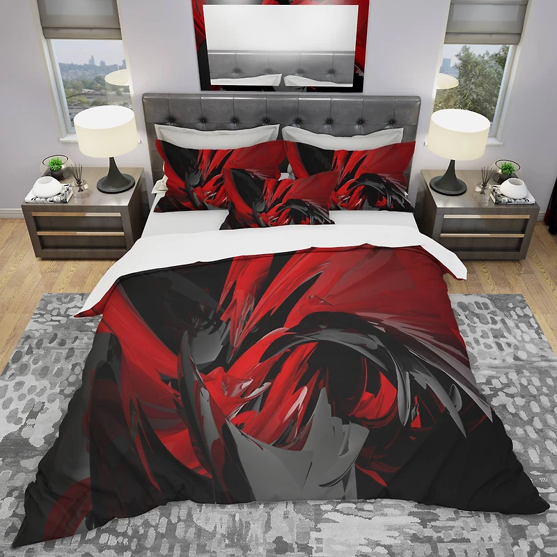 Designart Red & Gray Mixer Modern & Contemporary Duvet Cover & Shams Bedding Set