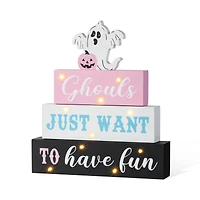 Glitzhome® 11.75"H Halloween Lighted Pink Wooden Ghost Block Word Sign