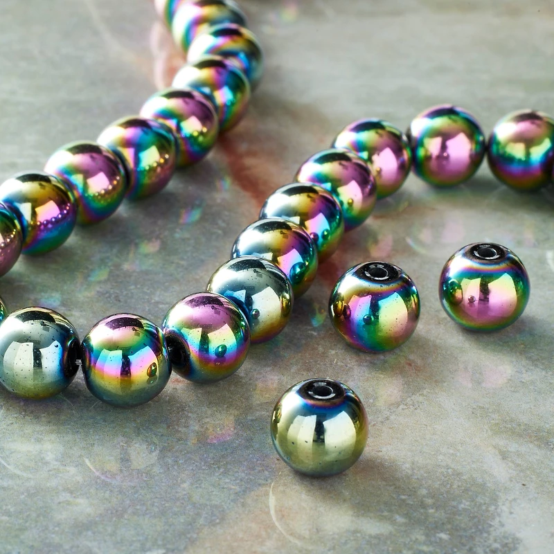 Rainbow Reconstituted Hematite Round Beads by Bead Landing