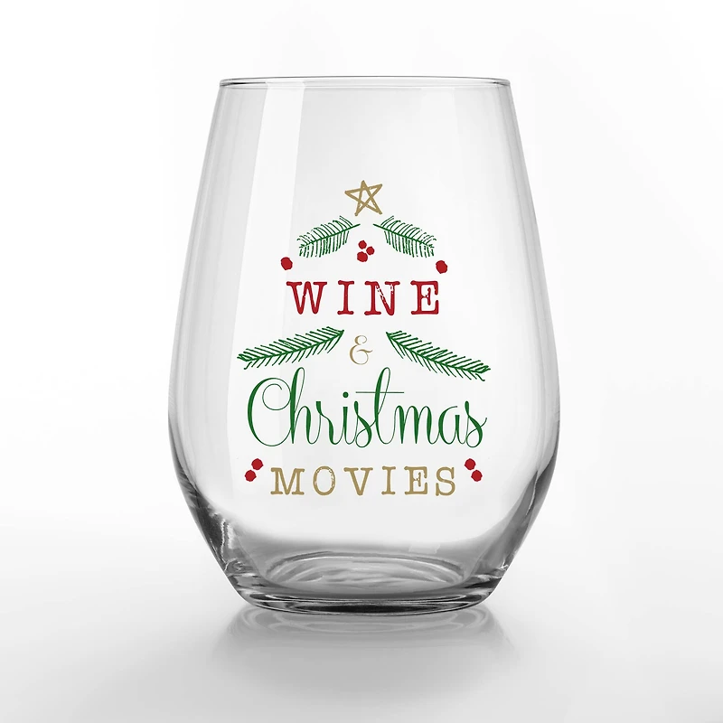 15oz. Wine & Christmas Movies Printed Stemless Wine Glass