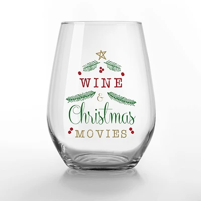 15oz. Wine & Christmas Movies Printed Stemless Wine Glass