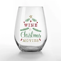 15oz. Wine & Christmas Movies Printed Stemless Wine Glass