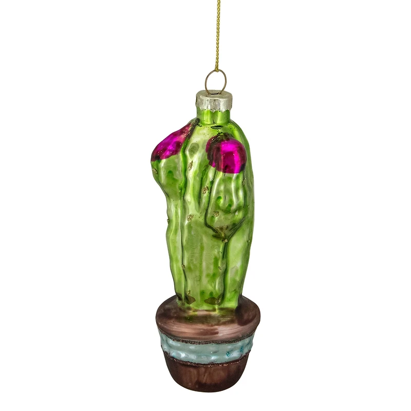 Green And Pink Potted Cactus Glass Ornament