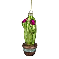 Green And Pink Potted Cactus Glass Ornament