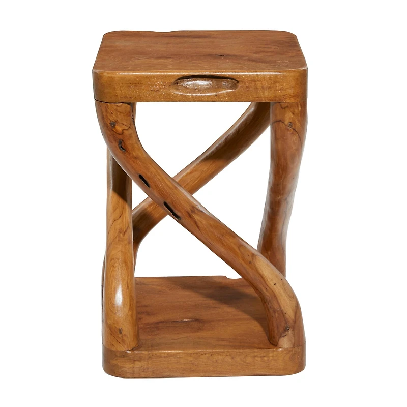 20" Brown Teak Wood Contemporary Stool