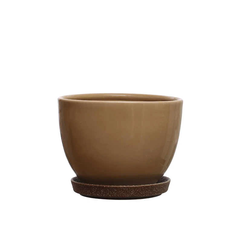 Hello Honey® 9.25" Brown Round Stoneware Planter with Saucer